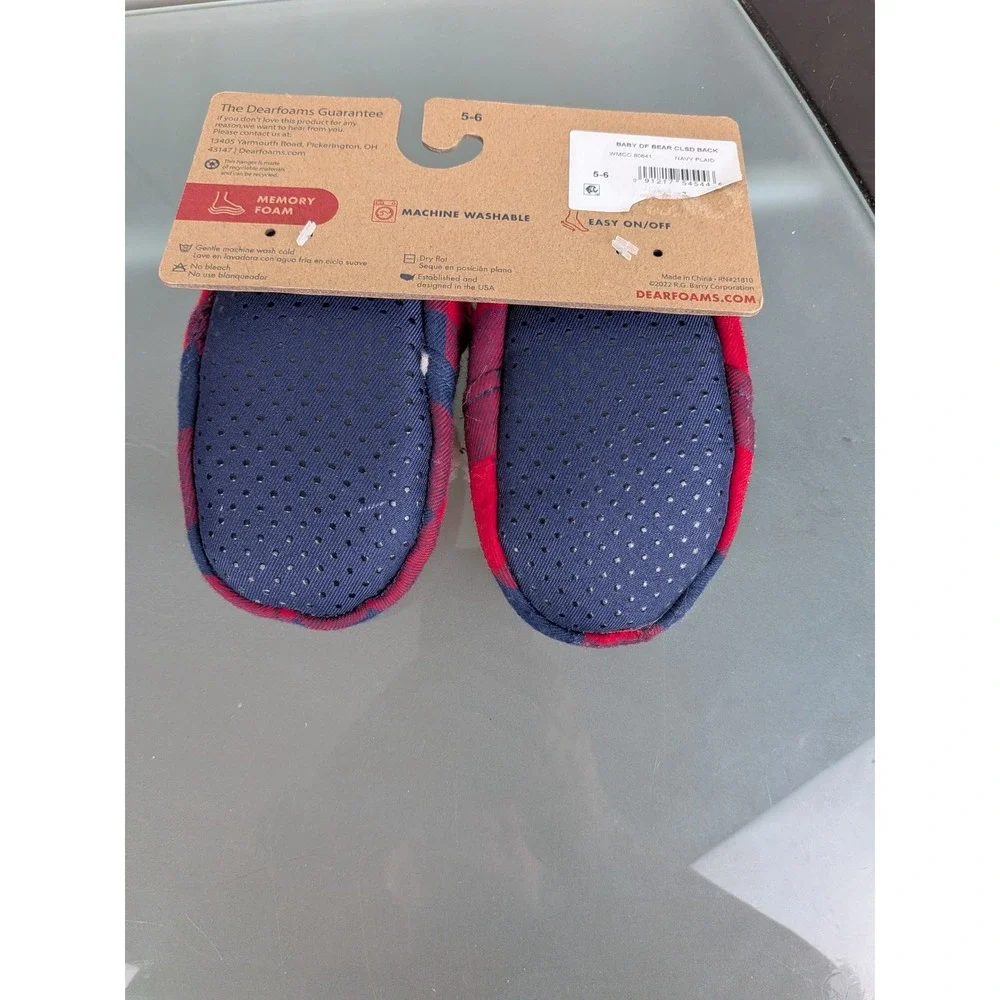 Dearfoams Baby Bear Plaid Slippers Red Navy Blue Buffalo Check Memory Foam 5-6
